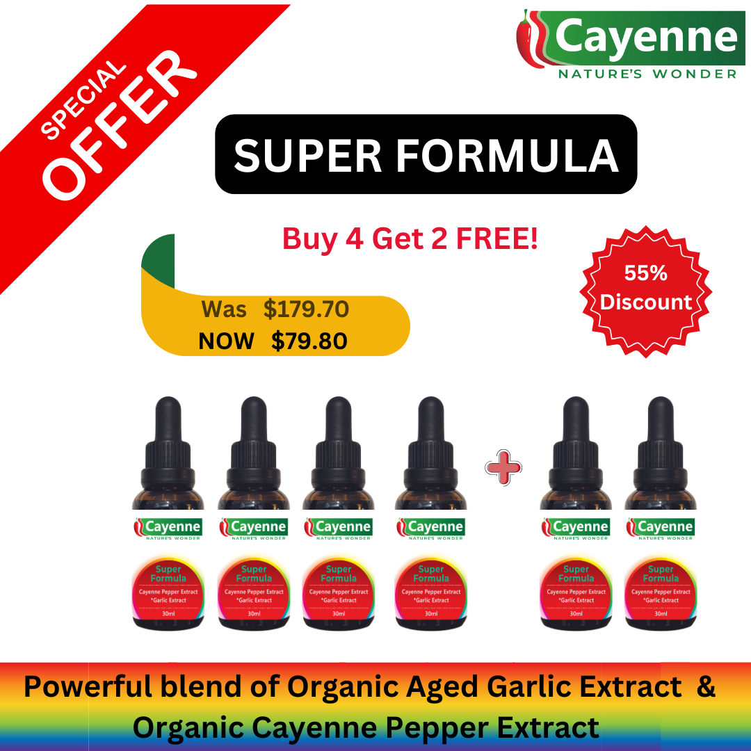 Buy 4 Get 2 FREE! Super Formula 30ml A powerful blend of Aged Garlic Liquid Extract & Cayenne Pepper Liquid Extract - $79.80